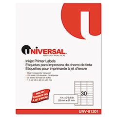 UNIVERSAL OFFICE PRODUCTS Inkjet Printer Labels  1 X 2-5/8  Clear  30/sheet  750/pack; UNIT OF MEASURE: PG