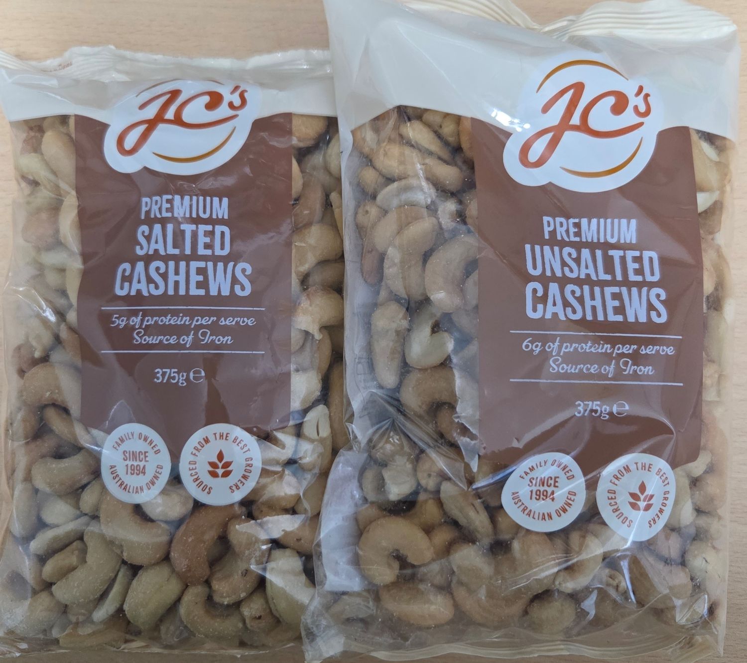 JC's Premium Unsalted and Salted Cashews 375gm