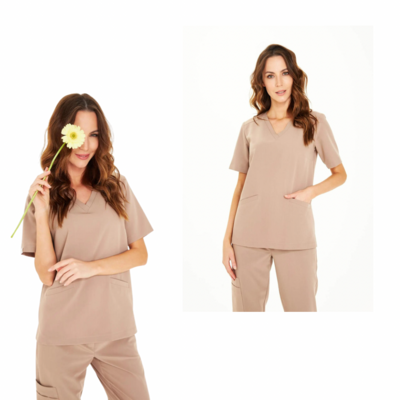 Medical Aesthetics Scrubs Top with Pockets - CAPPUCCINO