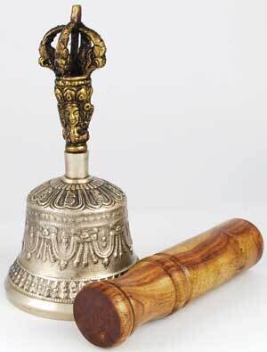 Bronze Tibetan Hand Bell &amp; Puja Stick 5&quot;