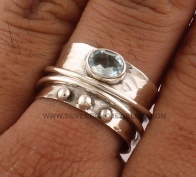 Solid 925 Sterling Silver Spinner Ring For Women - Handmade Hammered Silver Band Ring