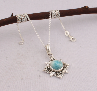 925 Sterling Silver Larimar Gemstone Necklace, AAA+Quality, Round Necklace, Wrapped Pendant, Pave Pendant, Handcrafted Christmas Necklace