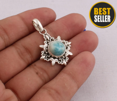 925 Sterling Silver Larimar Gemstone Necklace, AAA+Quality, Round Necklace, Wrapped Pendant, Pave Pendant, Handcrafted Christmas Necklace