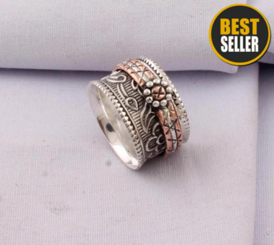 Thumb Ring 925-Antique Silver Ring,Sterling Silver Ring,Handcrafted Boho Ring,Silver Copper Ring,Spinner Ring,Two Tone Ring Gift For Her