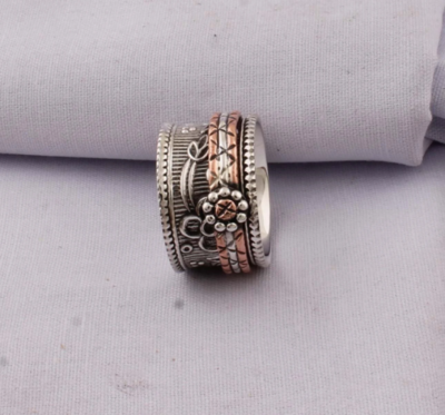 Thumb Ring 925-Antique Silver Ring,Sterling Silver Ring,Handcrafted Boho Ring,Silver Copper Ring,Spinner Ring,Two Tone Ring Gift For Her