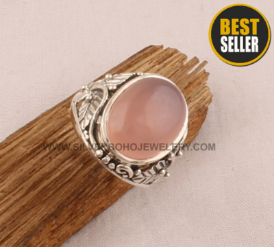 Natural Rose Quartz Oval Solid 925 Sterling Silver Ring For Women - Handmade Carved Silver Leaves Ring For Wedding - Engagement Ring For Men