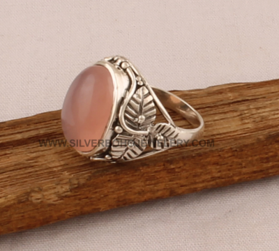 Natural Rose Quartz Oval Solid 925 Sterling Silver Ring For Women - Handmade Carved Silver Leaves Ring For Wedding - Engagement Ring For Men