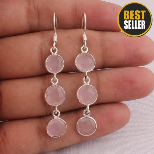 Authentic Real Rose Quartz Earring, 925-Sterling Silver, AAA+Quality Gemstone, Dangle Earring, Dainty Hoop Earrings
