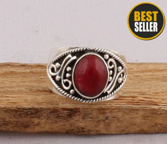 Natural Red Jasper Gemstone Rings, Sterling Silver Ring, Oval AAA+Quality Stone, Cabochon Ring, Antique Silver Ring, Dainty Hoop, Women Gift