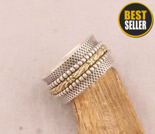 925 Sterling Silver &amp; Brass Designer Carved Spinner Ring - Silver Textured Spinner Ring - Handcrafted Ring - Gift For Her - Women Jewelry
