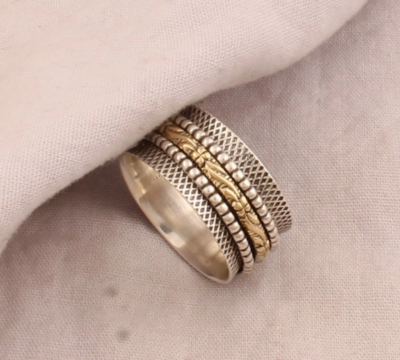 925 Sterling Silver & Brass Designer Carved Spinner Ring - Silver Textured Spinner Ring - Handcrafted Ring - Gift For Her - Women Jewelry