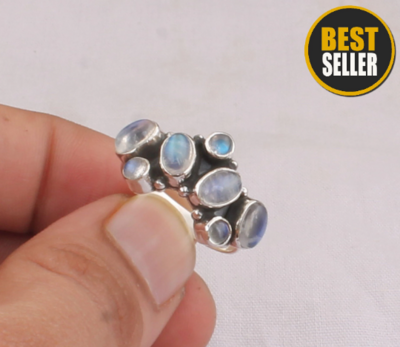 Real Rainbow Moonstone AAA+Top Quality Ring, Sterling Silver, White Gemstone, April Birthstone, Engagement, Handmade Jewelry, Birthday Gifts