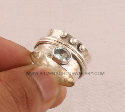 Spinner Blue Topaz 925 Sterling Silver Spinner Ring For Women, Handmade Hammered Silver Band Ring, Worry Anxiety Meditation Topaz Ring Gift