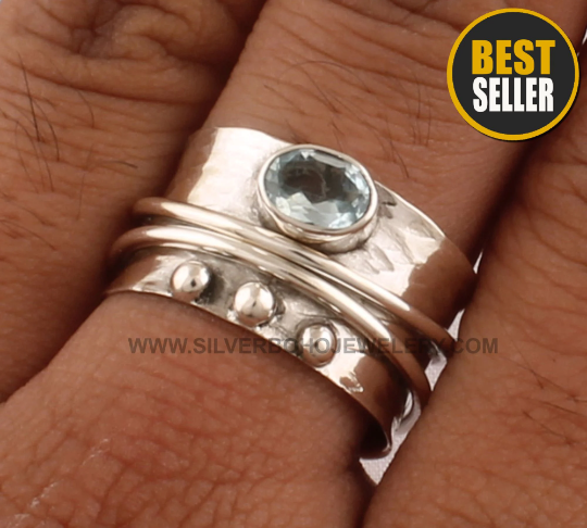 Spinner Blue Topaz 925 Sterling Silver Spinner Ring For Women, Handmade Hammered Silver Band Ring, Worry Anxiety Meditation Topaz Ring Gift