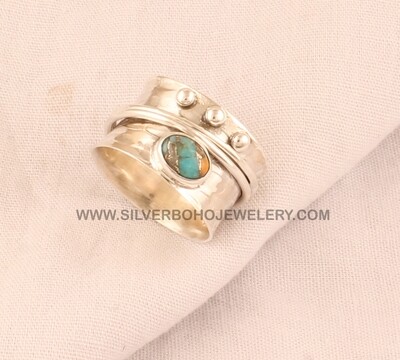Oyster Copper Turquoise Solid 925 Sterling Silver Spinner Ring For Women, Handmade Oval Stone Wide Meditation Band Fidget Anxiety Ring Gifts For Her