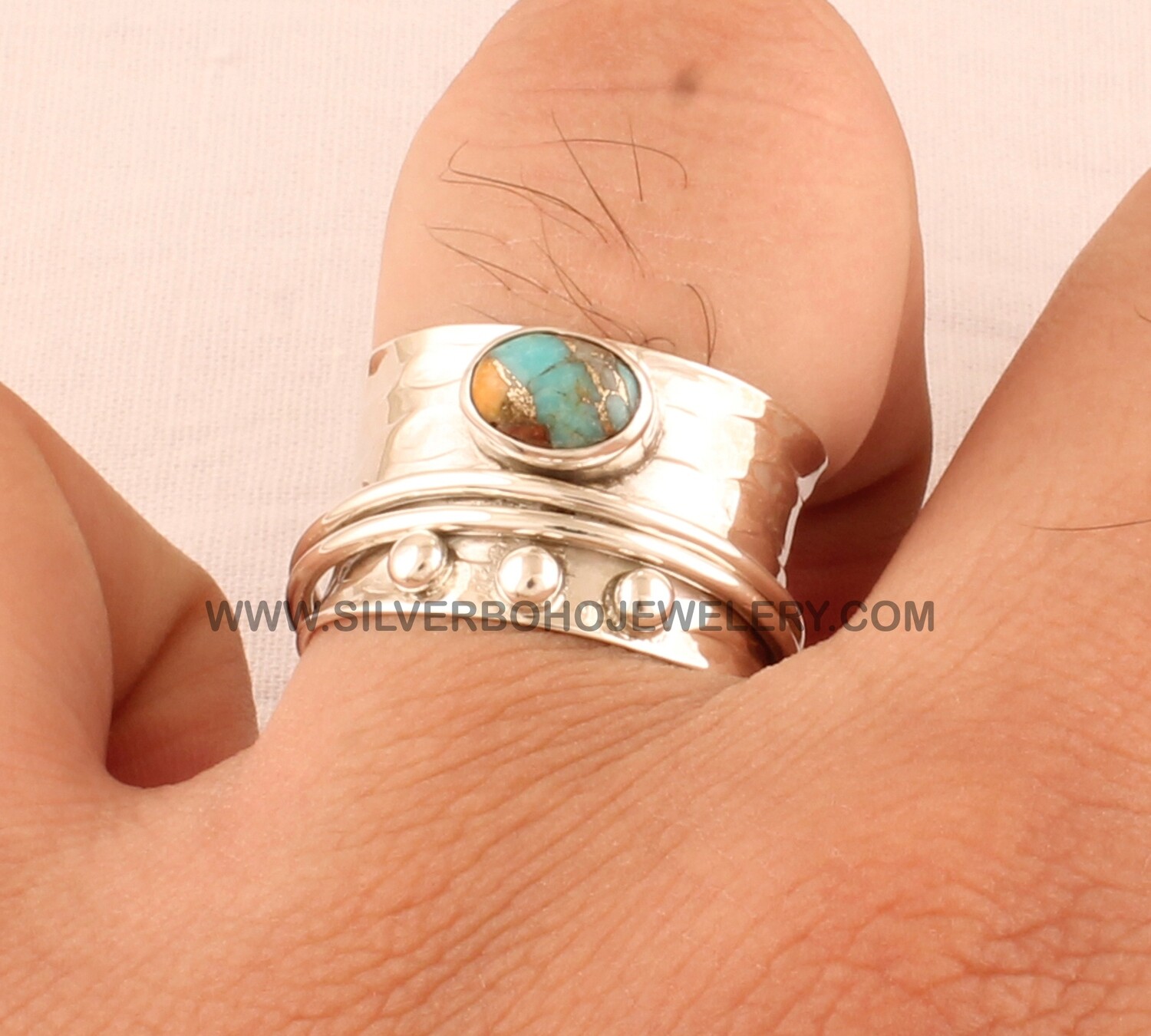 Oyster Copper Turquoise Solid 925 Sterling Silver Spinner Ring For Women, Handmade Oval Stone Wide Meditation Band Fidget Anxiety Ring Gifts For Her