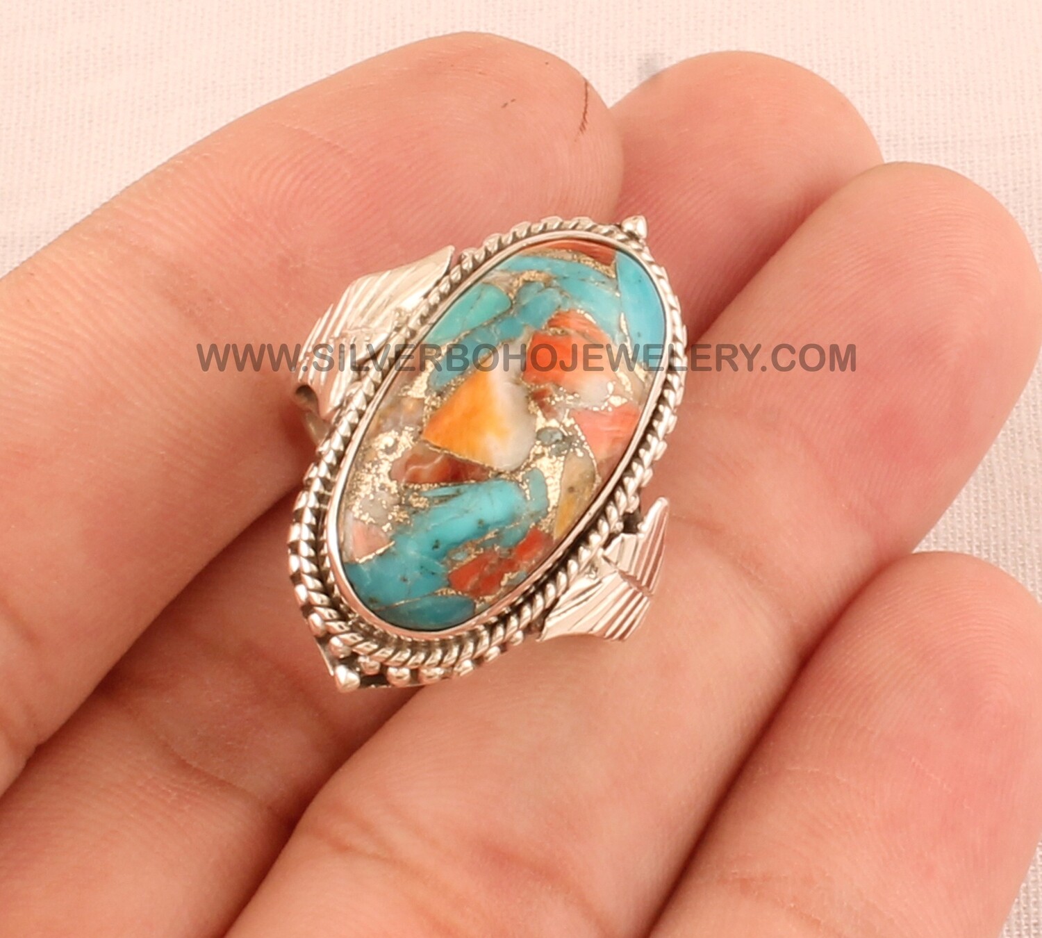 Oyster Copper Turquoise Solid 925 Sterling Silver Ring For Women, Handmade Oval Stone Engraved Fancy Leaves Ring Gifts For Her