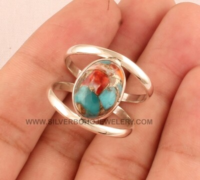 Oyster Copper Turquoise Solid 925 Sterling Silver Double Band Ring For Women, Handmade Oval Stone Engraved Fancy Leaves Ring Gifts For Her