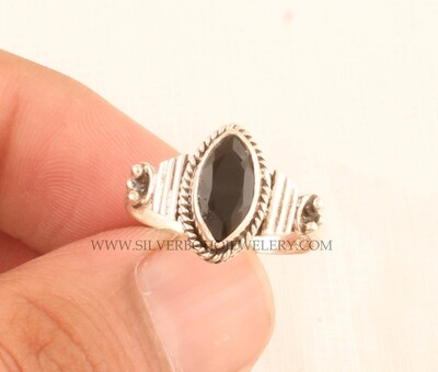 Black Onyx Solid 925 Sterling Silver Ring For Women, Handmade Marquise Cut Stone Engraved Fancy Band Ring Gifts For Her
