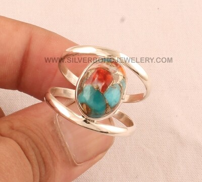 Oyster Copper Turquoise Solid 925 Sterling Silver Double Band Ring For Women, Handmade Oval Stone Engraved Fancy Leaves Ring Gifts For Her