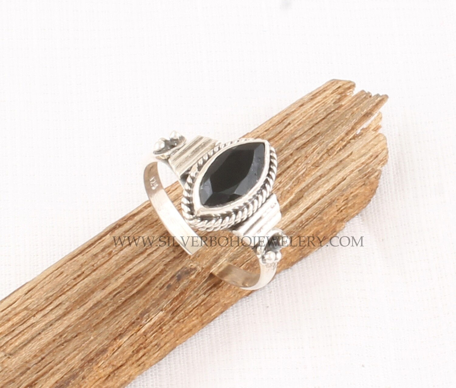 Black Onyx Solid 925 Sterling Silver Ring For Women, Handmade Marquise Cut Stone Engraved Fancy Band Ring Gifts For Her