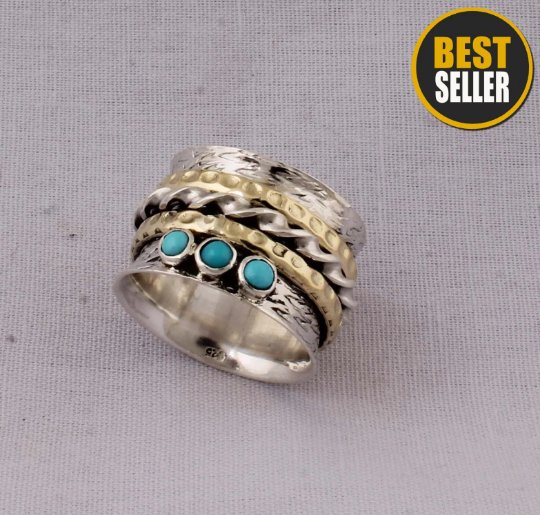 Amazing Turquoise Gemstone Ring 925 Sterling Silver Ring,Antique Silver Ring,Spinner Ring,Two Tone Ring Silver Brass Ring Thumb Ring