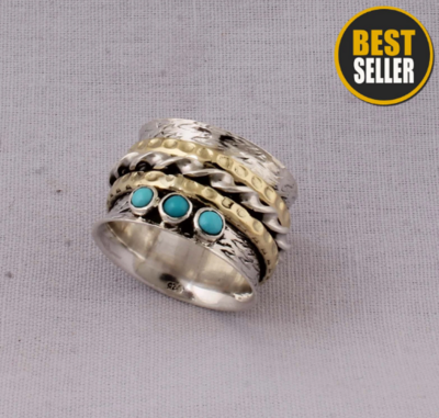 Amazing Turquoise Gemstone Ring 925 Sterling Silver Ring,Antique Silver Ring,Spinner Ring,Two Tone Ring Silver Brass Ring Thumb Ring
