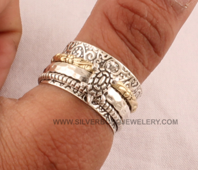 Turtle Two Tone Spinner Ring - 925 Sterling Silver &amp; Brass Meditation Ring - Handmade Tortoise Carved Band Ring - Designer Turtle Worry Ring