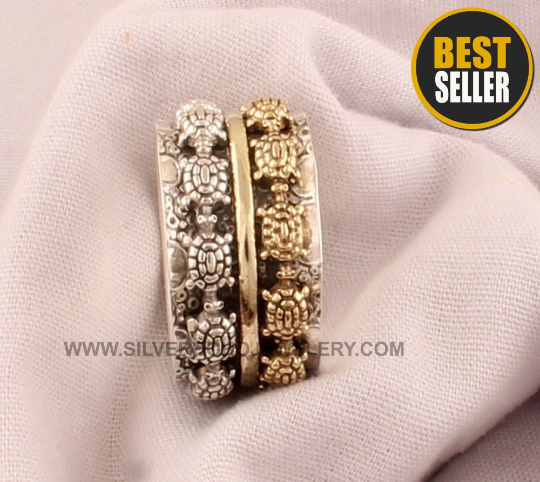 Turtle Two Tone Spinner Ring - 925 Sterling Silver &amp; Brass Meditation Ring - Handmade Tortoise Carved Band Ring - Designer Turtle Worry Ring