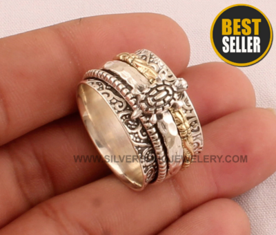 Turtle Two Tone Spinner Ring - 925 Sterling Silver &amp; Brass Meditation Ring - Handmade Tortoise Carved Band Ring - Designer Turtle Worry Ring