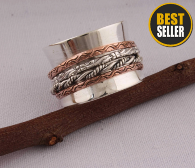 Thumb Ring 925-Antique Silver Ring,Sterling Silver Ring,Handcrafted Boho Ring,Silver Copper Ring,Spinner Ring,Two Tone Ring Gift For Her