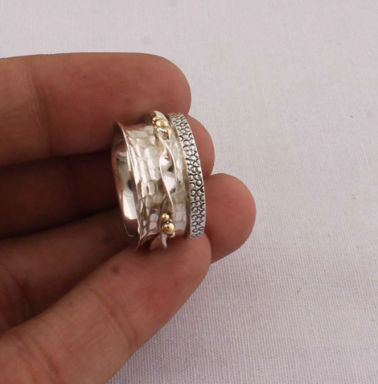 Thumb Ring 925-Antique Silver Ring,Sterling Silver Ring,Handcrafted Boho Ring,Silver With Brass Ring,Spinner Ring,Two Tone Ring Gift For Her