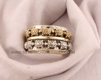 Turtle Two Tone Spinner Ring - 925 Sterling Silver &amp; Brass Meditation Ring - Handmade Tortoise Carved Band Ring - Designer Turtle Worry Ring