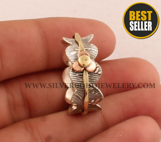 Floral Three Tone Spinner Ring - 925 Sterling Silver &amp; Brass Spinner Ring - Handmade Wave Carved Band Ring - Wedding Ring - Jewelry For Gift