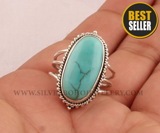 Designer Turquoise Oval Shape Gemstone Silver Ring - 925 Sterling Solid Silver Ring - Handmade Three Layered Ring - Women Jewelry Gift Idea
