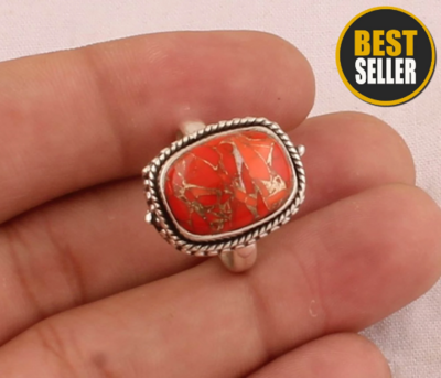 Orange Copper Turquoise Cushion Shape Gemstone Silver Ring - 925 Sterling Solid Silver Ring -Designer Rope Ring -Handmade Jewelry