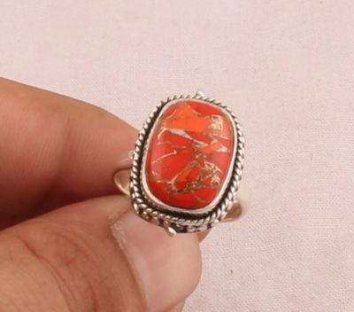 Orange Copper Turquoise Cushion Shape Gemstone Silver Ring - 925 Sterling Solid Silver Ring -Designer Rope Ring -Handmade Jewelry