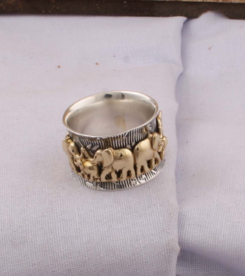 Thumb Ring 925-Antique Silver Ring,Sterling Silver Ring,Silver Brass Ring ,Silver &amp; Yellow Brass Elephant Ring,Spinner Ring BOHO SILVER