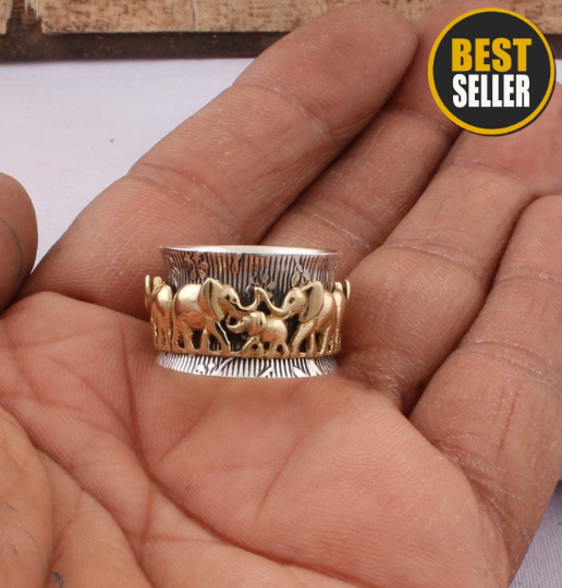 Thumb Ring 925-Antique Silver Ring,Sterling Silver Ring,Silver Brass Ring ,Silver &amp; Yellow Brass Elephant Ring,Spinner Ring BOHO SILVER