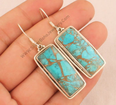 Solid 925 Sterling Silver Turquoise Earrings - Blue Turquoise Rectangle Earrings - Handmade Gemstone Silver Bar Earrings - Jewelry For Ecwid