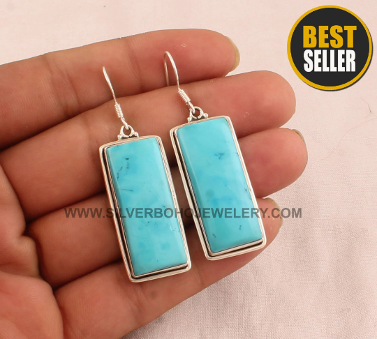 Solid 925 Sterling Silver Turquoise Earrings - Blue Turquoise Rectangle Earrings - Handmade Gemstone Silver Bar Earrings - Jewelry For Ecwid