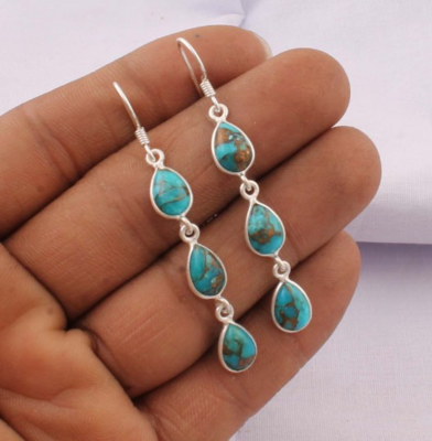 Beautiful Composite Turquoise AAA+Quality Gemstone Earring Three Stone's Boho Earring 925-Antique Silver Earring,925 Sterling Silver Earring