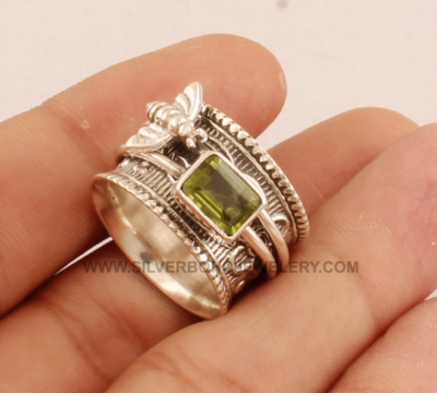 Natural Peridot Solid 925 Sterling Silver Honey Bee Spinner Ring For Women, Handmade Peridot Ring For Wedding August Birthstone Anxiety Ring
