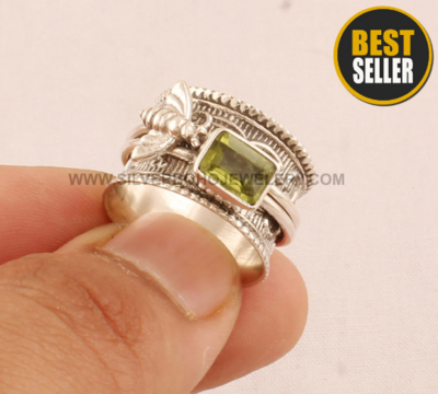 Natural Peridot Solid 925 Sterling Silver Honey Bee Spinner Ring For Women, Handmade Peridot Ring For Wedding August Birthstone Anxiety Ring
