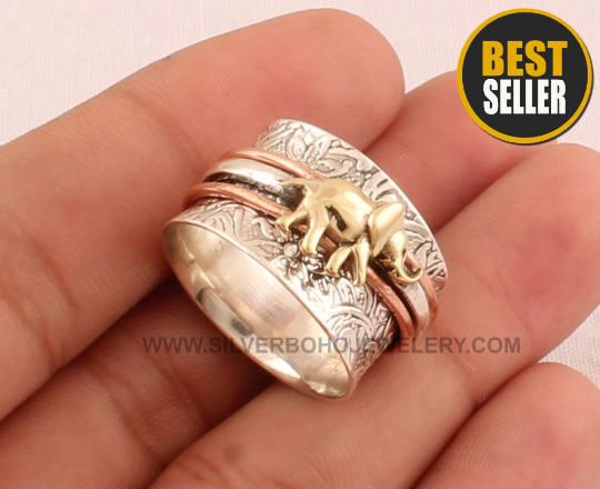Three Tone Elephant Spinner Ring - 925 Sterling Silver &amp; Brass Carved Meditation Ring -Silver Boho Handmade Ring For Women Jewelry Gift Idea