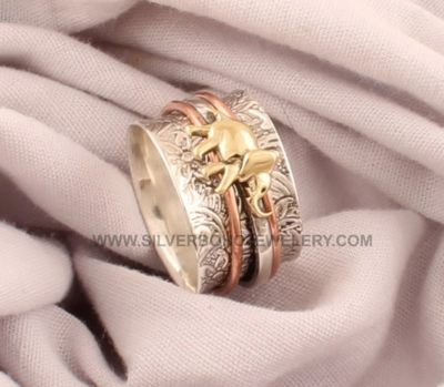 Three Tone Elephant Spinner Ring - 925 Sterling Silver &amp; Brass Carved Meditation Ring -Silver Boho Handmade Ring For Women Jewelry Gift Idea