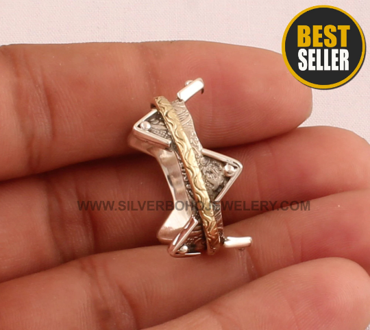 Crown Antiqued Silver Spinner Ring - 925 Sterling Silver &amp; Brass Carved Med Ring - Handmade Silver Crown Ring - Gift For Her - Women Jewelry