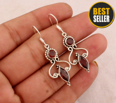 Handmade Faceted Two Red Gemstone Earrings - Bridal Earrings - Valentine's Day Gift Jewelry