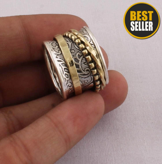 Thumb Ring 925-Antique Silver Ring,Sterling Silver Ring,Handcrafted Boho Ring,Silver With Brass Ring,Spinner Ring,Two Tone Ring Gift For Her