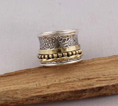 Thumb Ring 925-Antique Silver Ring,Sterling Silver Ring,Handcrafted Boho Ring,Silver With Brass Ring,Spinner Ring,Two Tone Ring Gift For Her